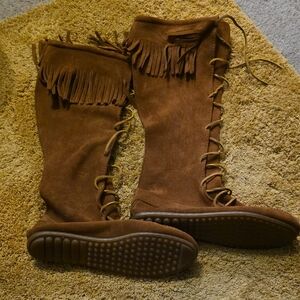 Minnetonka Tan Lace-Up Fringe Boots